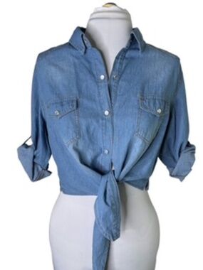 No Brand Label Lightweight Cropped Tie Front With Pearl Snaps Shirt Size M